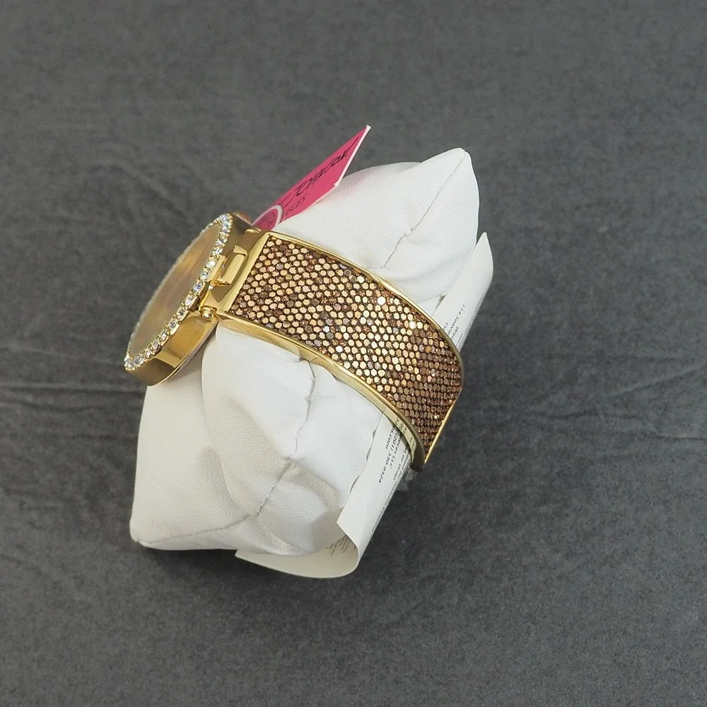 Betsey Johnson Watch Gold Glitter Cuff Rhinestone Bezel Glam Bling Statement